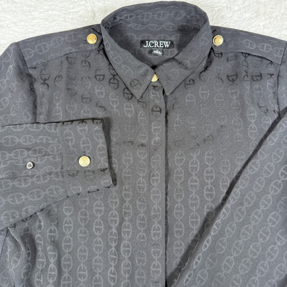 J.Crew CD041 Women M Black L/S Jacquard Chain Link Gold Button Epaulet Top